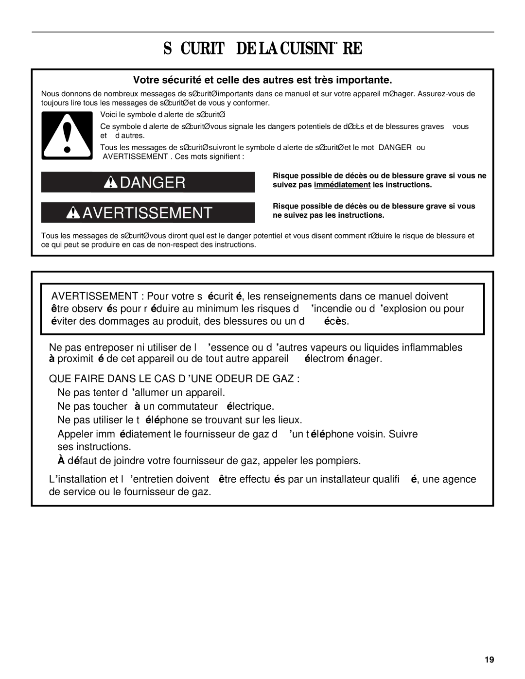 Whirlpool W10086240 manual Sécurité DE LA Cuisinière, Votre sécurité et celle des autres est très importante 