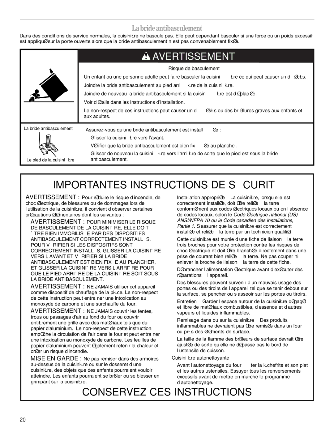 Whirlpool W10086240 manual Importantes Instructions DE Sécurité, La bride antibasculement 