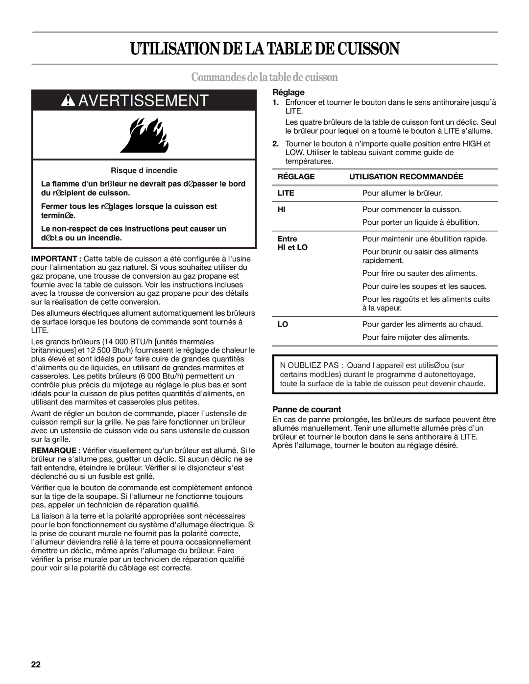 Whirlpool W10086240 manual Utilisation DE LA Table DE Cuisson, Commandes de la table de cuisson, Réglage, Panne de courant 