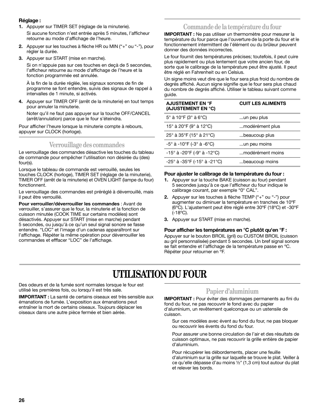 Whirlpool W10086240 manual Utilisation DU Four, Verrouillage des commandes, Commande de la température du four 