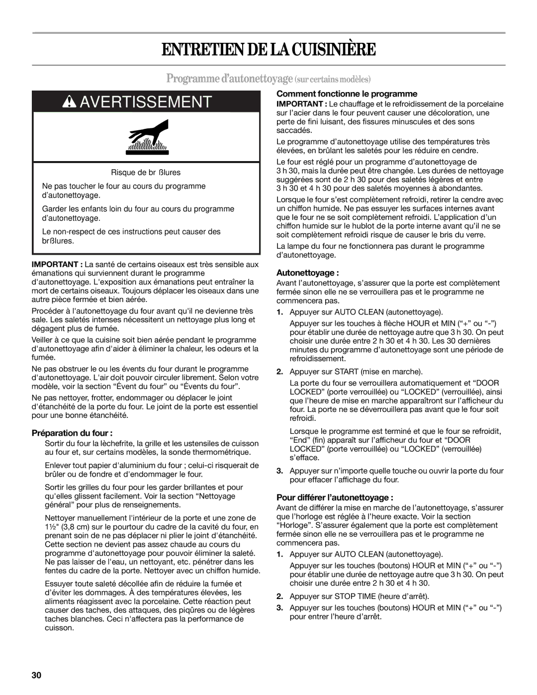 Whirlpool W10086240 manual Entretien DE LA Cuisinière, Programme d’autonettoyage sur certains modèles 