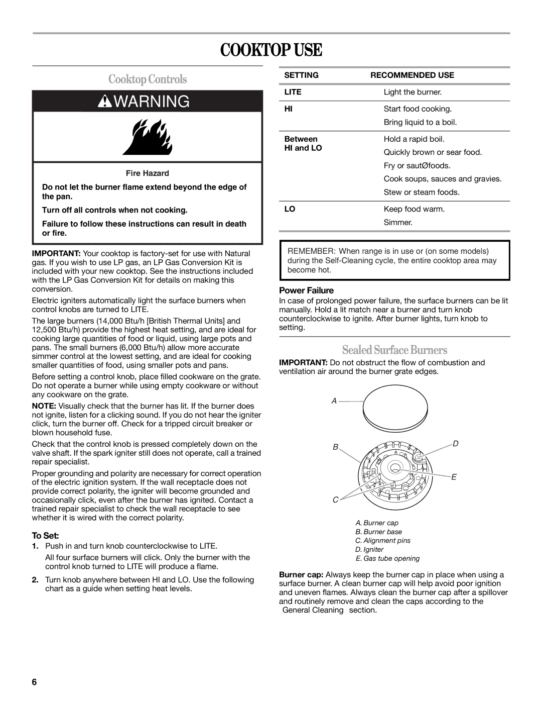 Whirlpool W10086240 manual Cooktop USE, Cooktop Controls, Sealed Surface Burners, To Set, Power Failure 