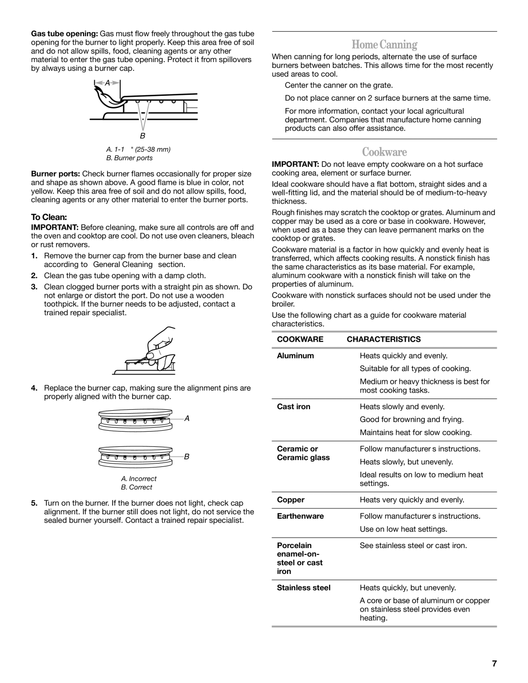 Whirlpool W10086240 manual Home Canning, To Clean, Cookware Characteristics 