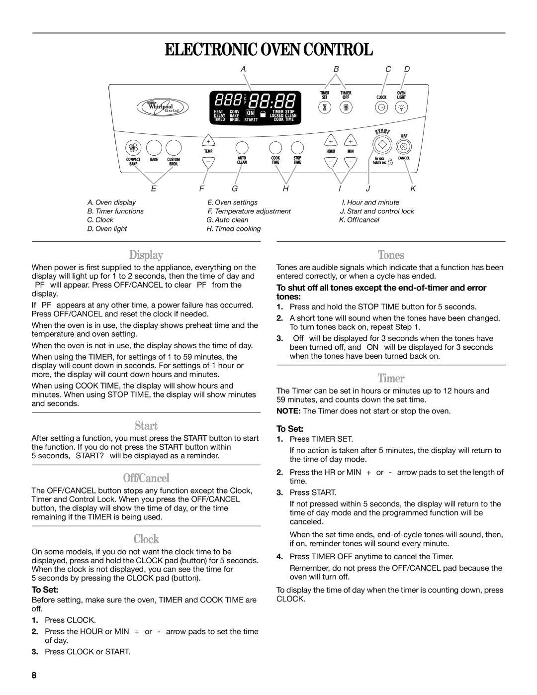 Whirlpool W10086240 manual Electronic Oven Control, Timer, Start, Off/Cancel, Clock 