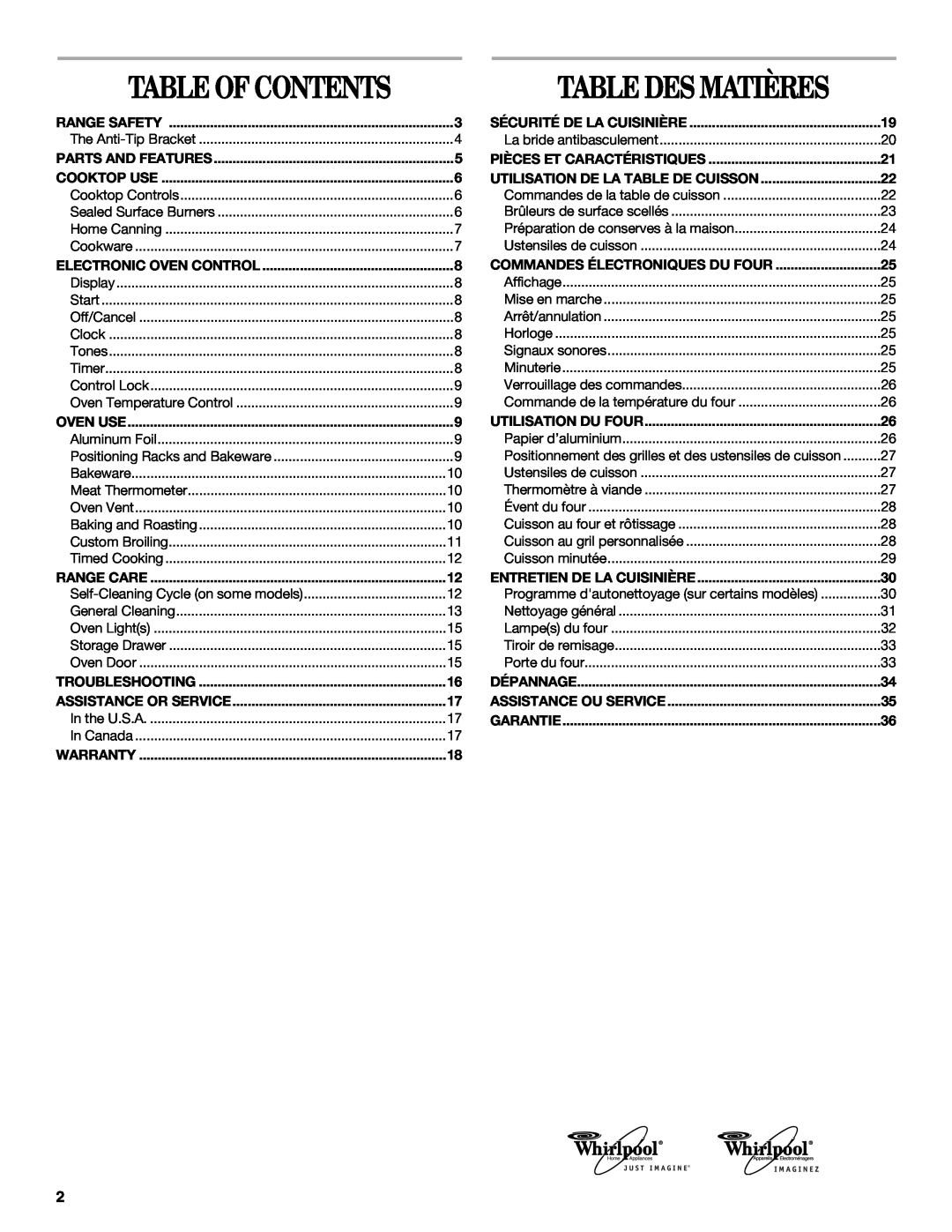 Whirlpool W10086240 manual Table Des Matières, Table Of Contents 