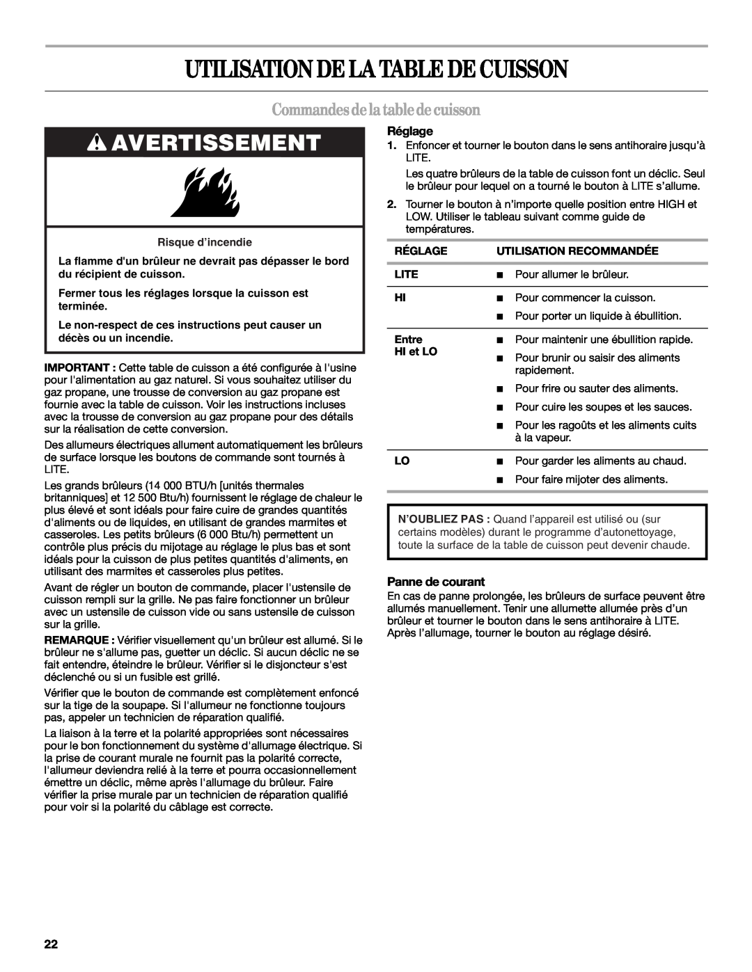 Whirlpool W10086240 manual Utilisation De La Table De Cuisson, Commandes de la table de cuisson, Avertissement, Réglage 