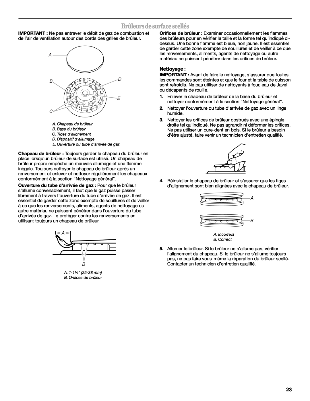 Whirlpool W10086240 manual Brûleurs de surface scellés, Nettoyage, A Bd E C 