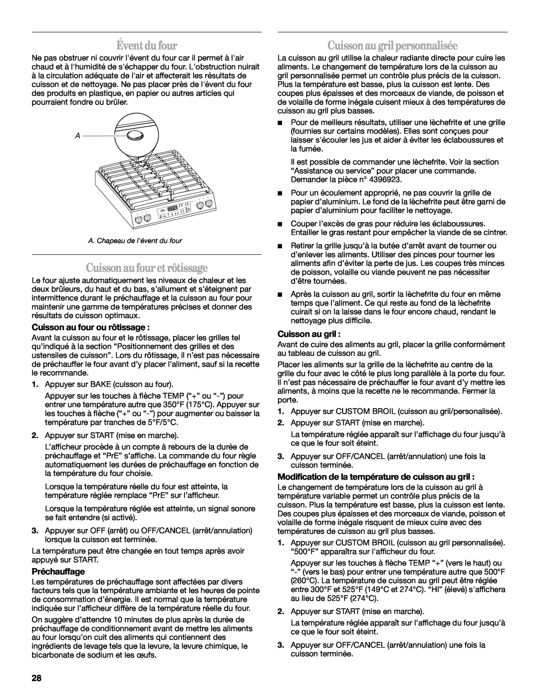 Whirlpool W10086240 manual Évent du four, Cuisson au four et rôtissage, Cuisson au gril personnalisée, Préchauffage 