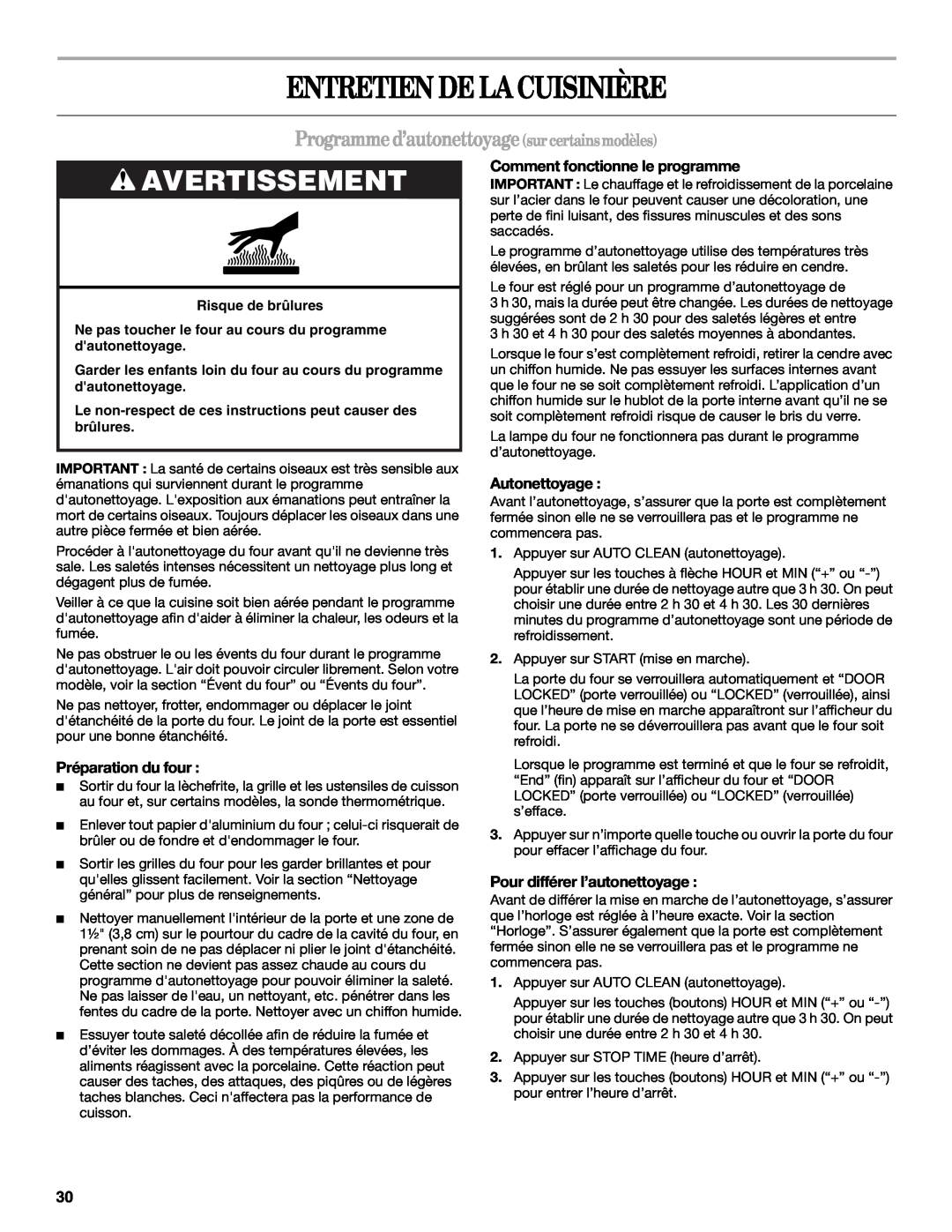 Whirlpool W10086240 manual Entretien De La Cuisinière, Programme d’autonettoyage sur certains modèles, Avertissement 