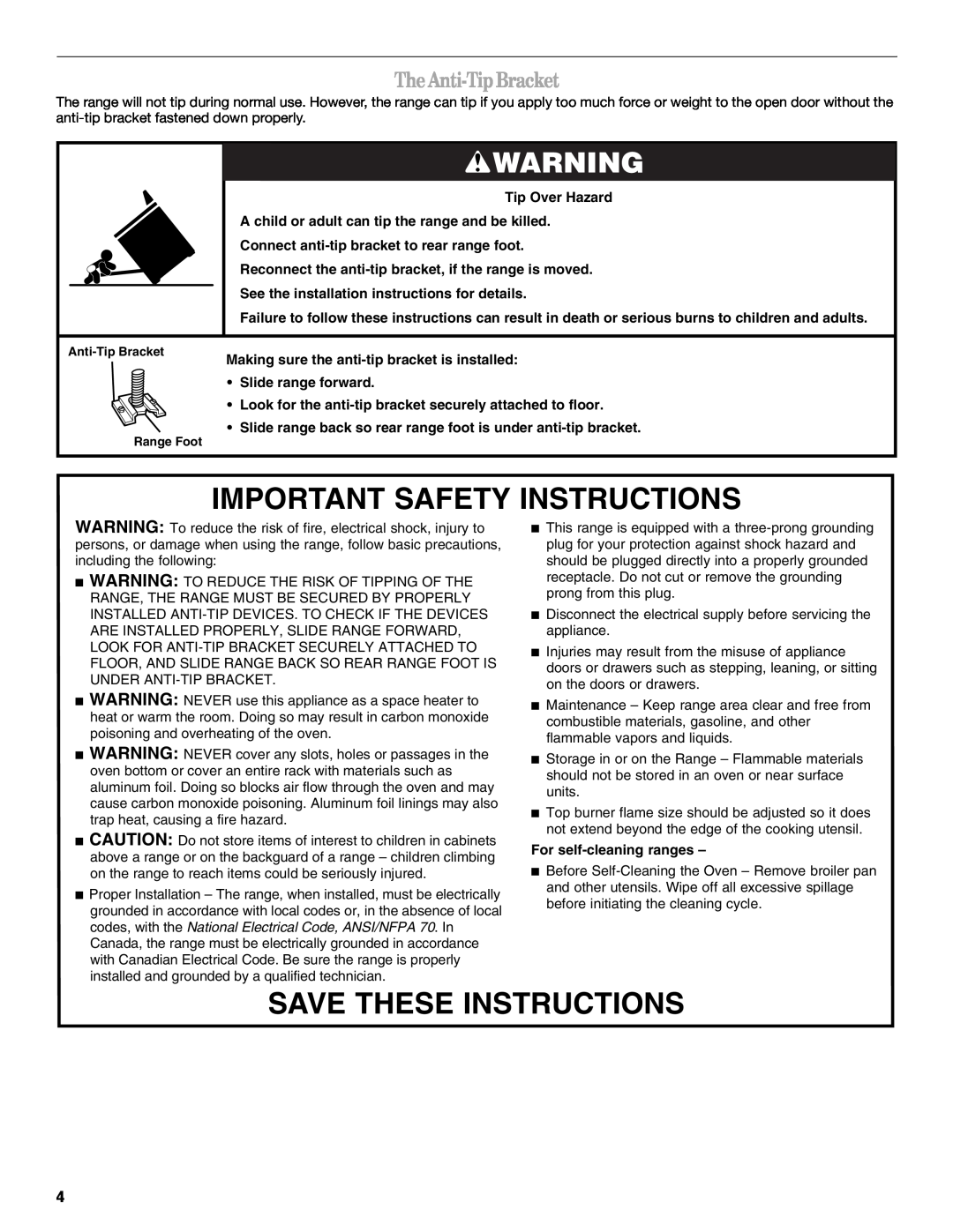 Whirlpool W10086240 Important Safety Instructions, Save These Instructions, The Anti-Tip Bracket, For self-cleaning ranges 