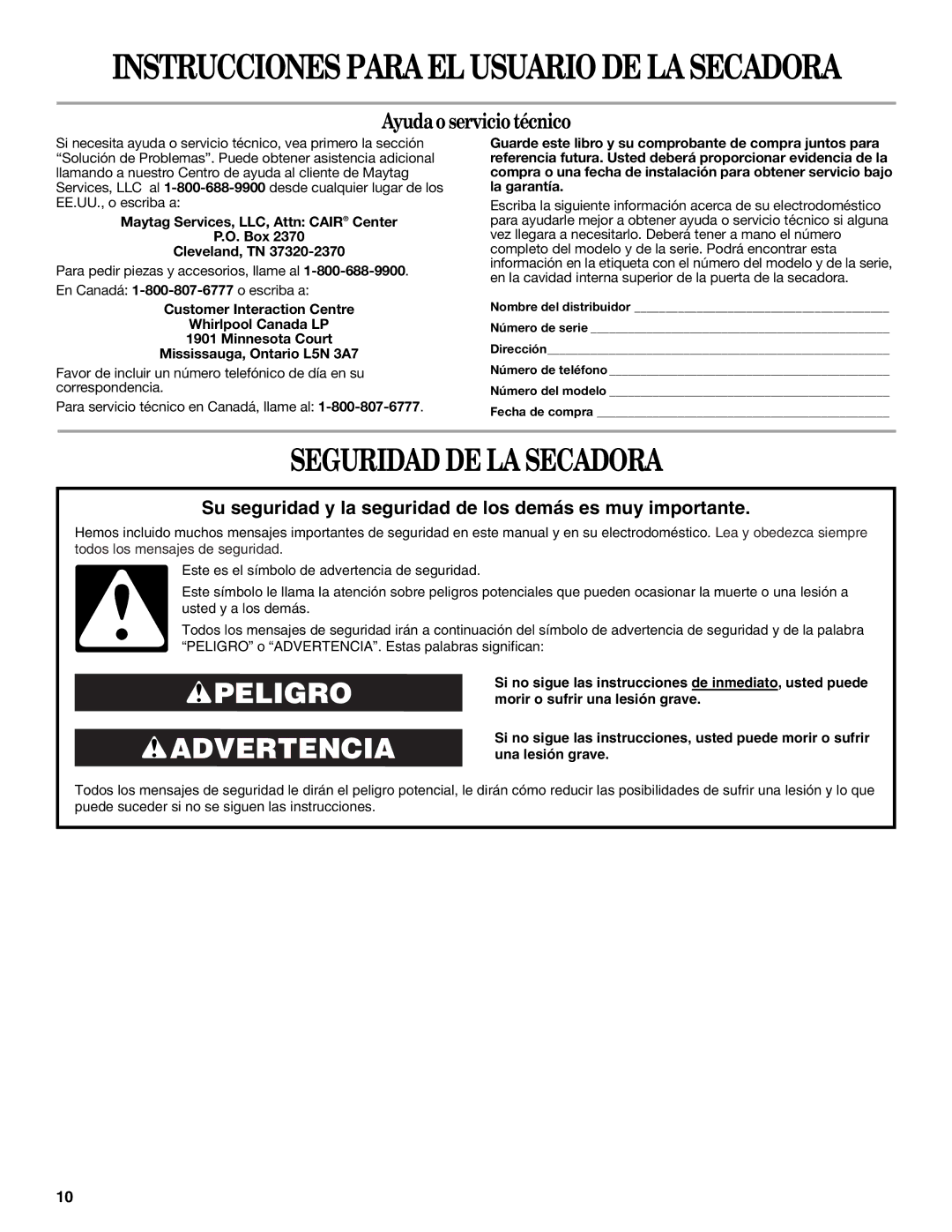 Whirlpool W10088771 warranty Seguridad DE LA Secadora, Instrucciones Para EL Usuario DE LA Secadora 