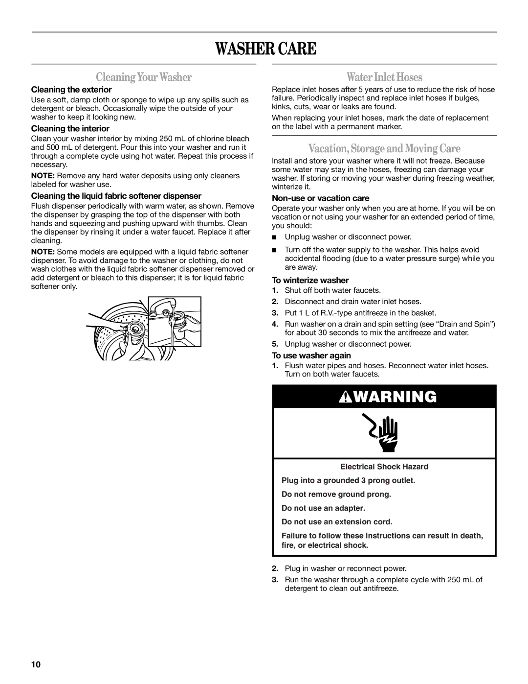 Whirlpool W10096730 manual Washer Care, CleaningYour Washer, WaterInletHoses, Vacation,StorageandMovingCare 