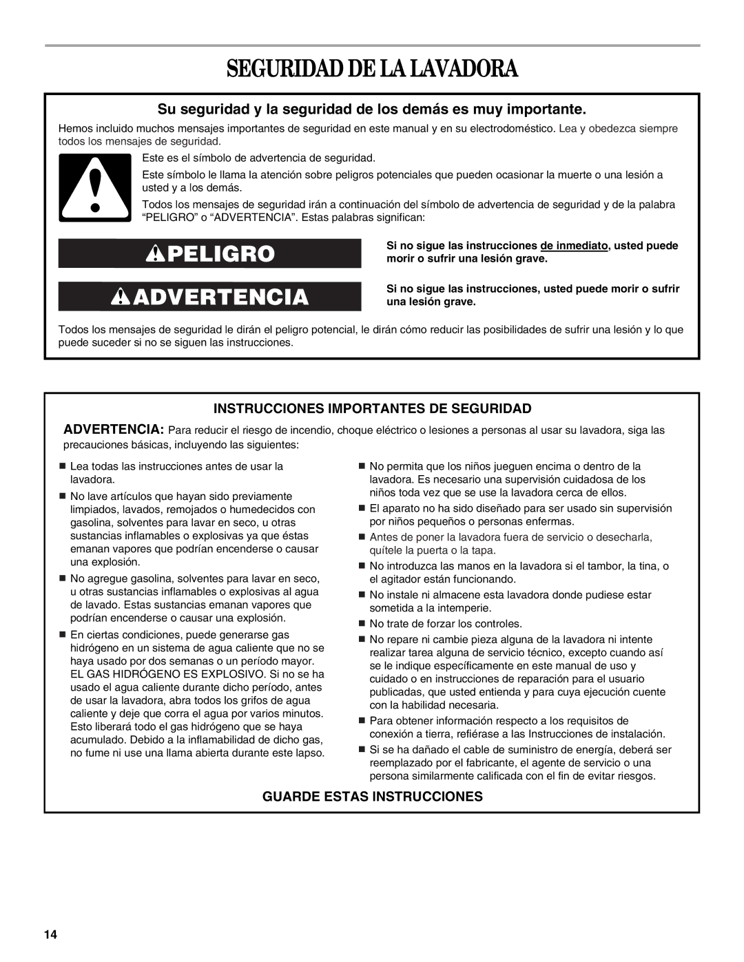 Whirlpool W10096730 manual Seguridad DE LA Lavadora, Su seguridad y la seguridad de los demás es muy importante 