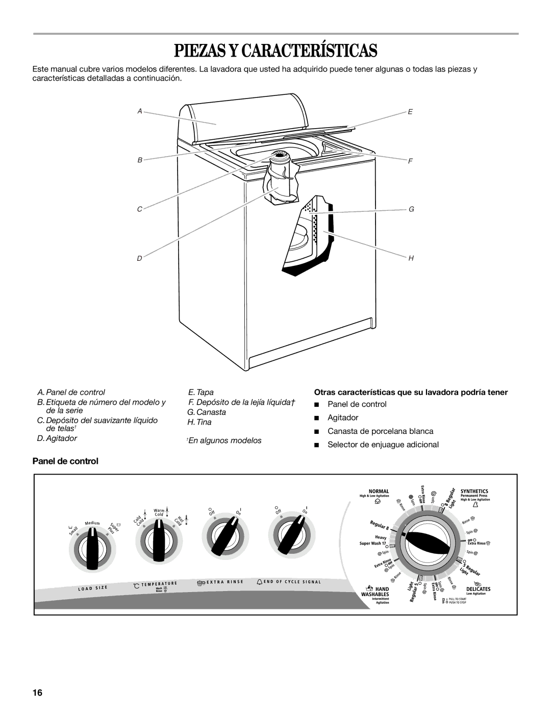 Whirlpool W10096730 manual Piezas Y Características, Panel de control, Otras características que su lavadora podría tener 