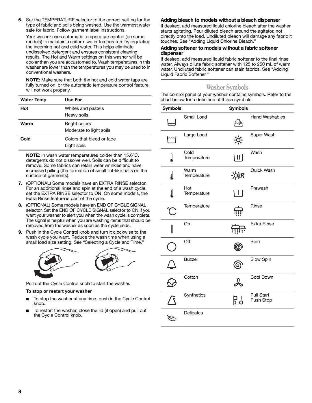 Whirlpool W10096730 manual WasherSymbols, Adding bleach to models without a bleach dispenser 