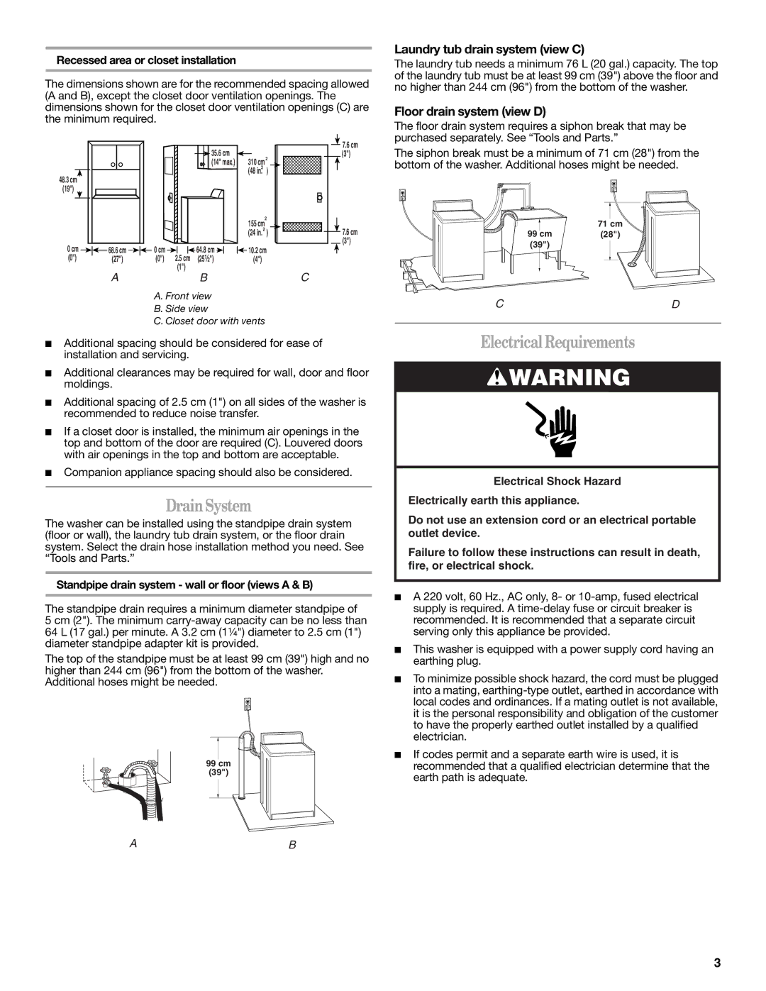 Whirlpool W10096749 Drain System, Electrical Requirements, Laundry tub drain system view C, Floor drain system view D 