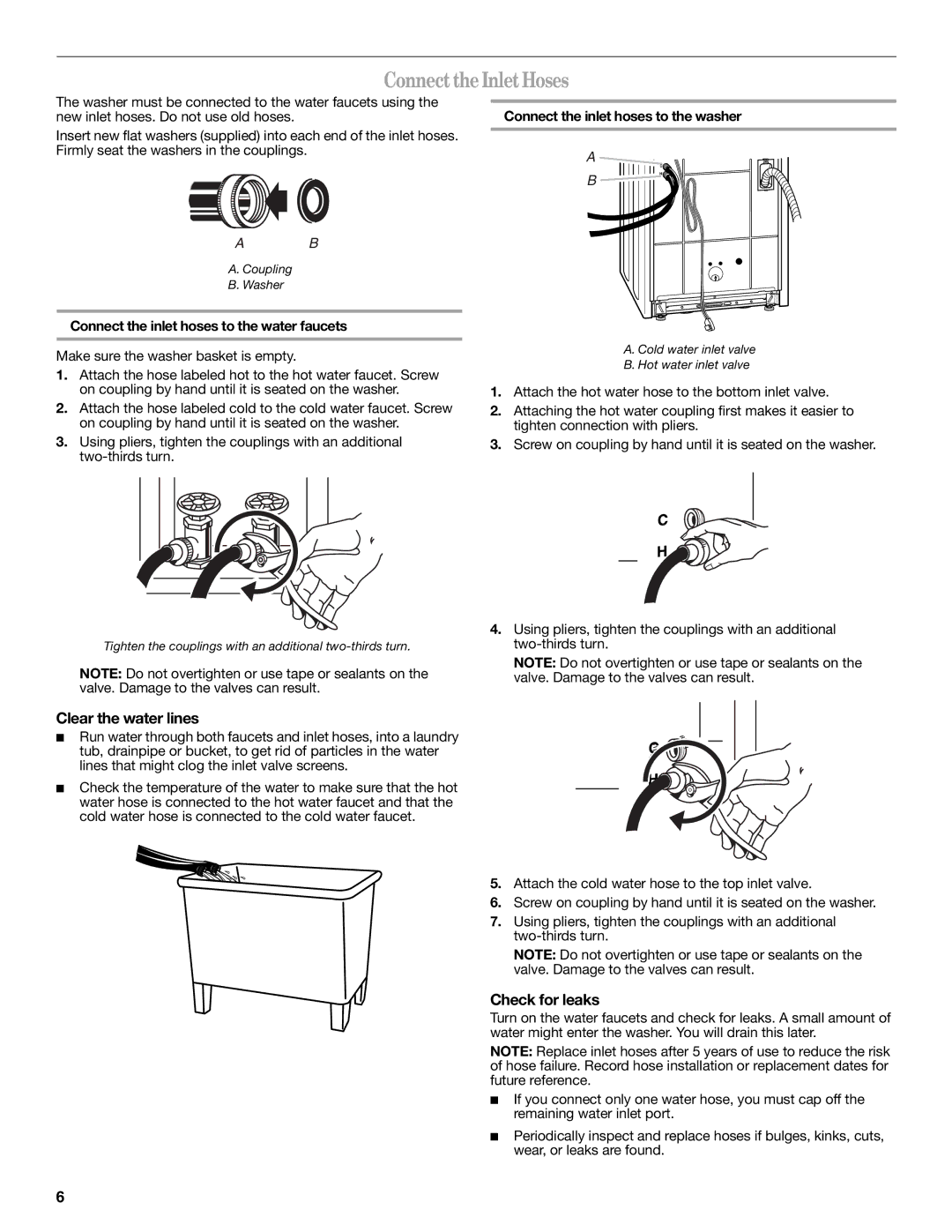 Whirlpool W10096749 installation instructions Connect the Inlet Hoses, Clear the water lines, Check for leaks 