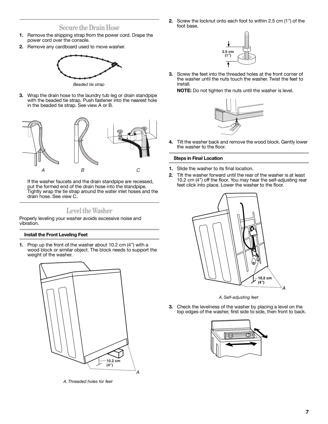 Whirlpool W10096749 Secure the Drain Hose, Level the Washer, Abc, Install the Front Leveling Feet, Steps in Final Location 