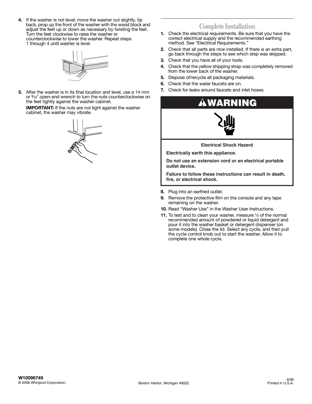 Whirlpool W10096749 installation instructions Complete Installation 