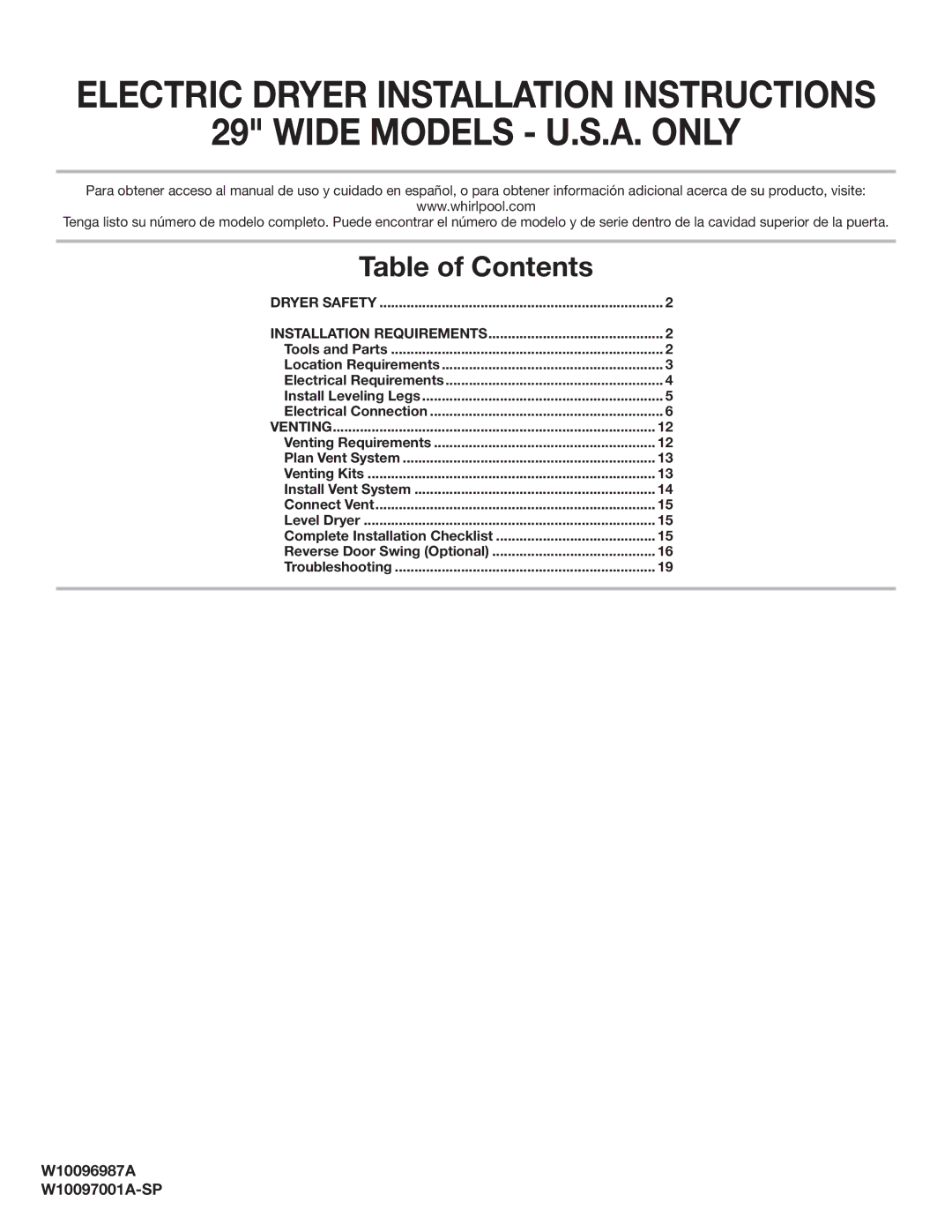 Whirlpool W10097001A-SP, W10096987A installation instructions Table of Contents 