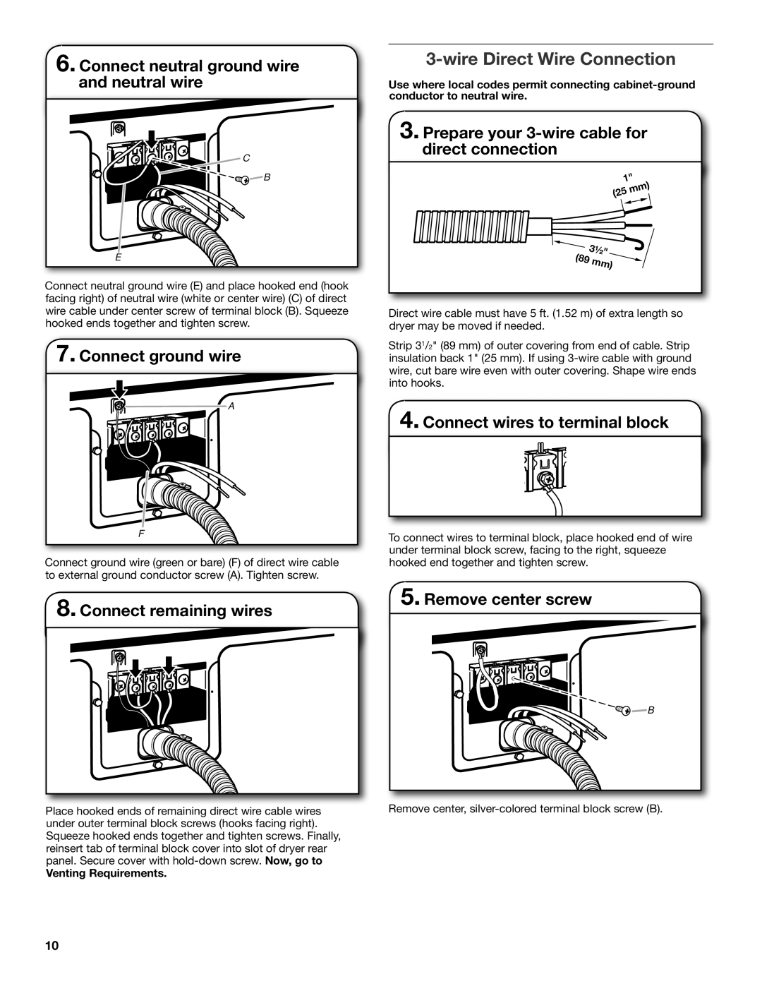 Whirlpool W10096987A, W10097001A-SP Prepare your 3-wire cable for direct connection, Venting Requirements 