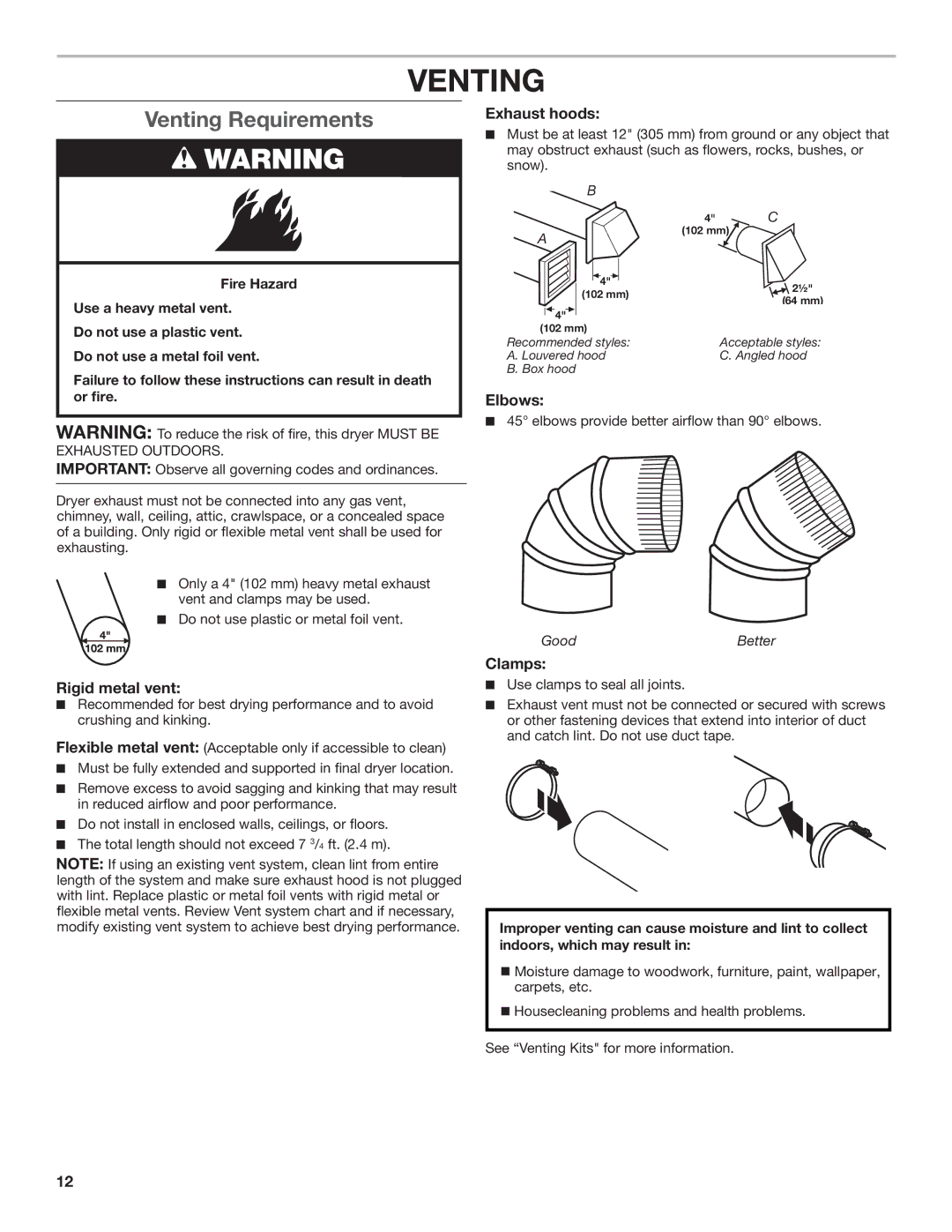 Whirlpool W10096987A, W10097001A-SP Venting Requirements, Rigid metal vent, Exhaust hoods, Elbows, Clamps 