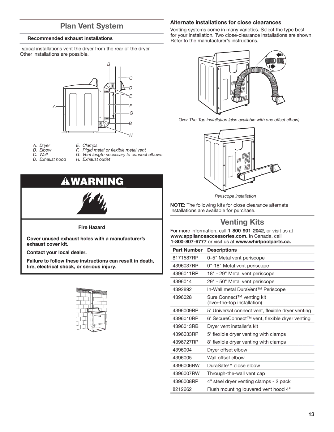 Whirlpool W10097001A-SP, W10096987A Plan Vent System, Venting Kits, Alternate installations for close clearances 