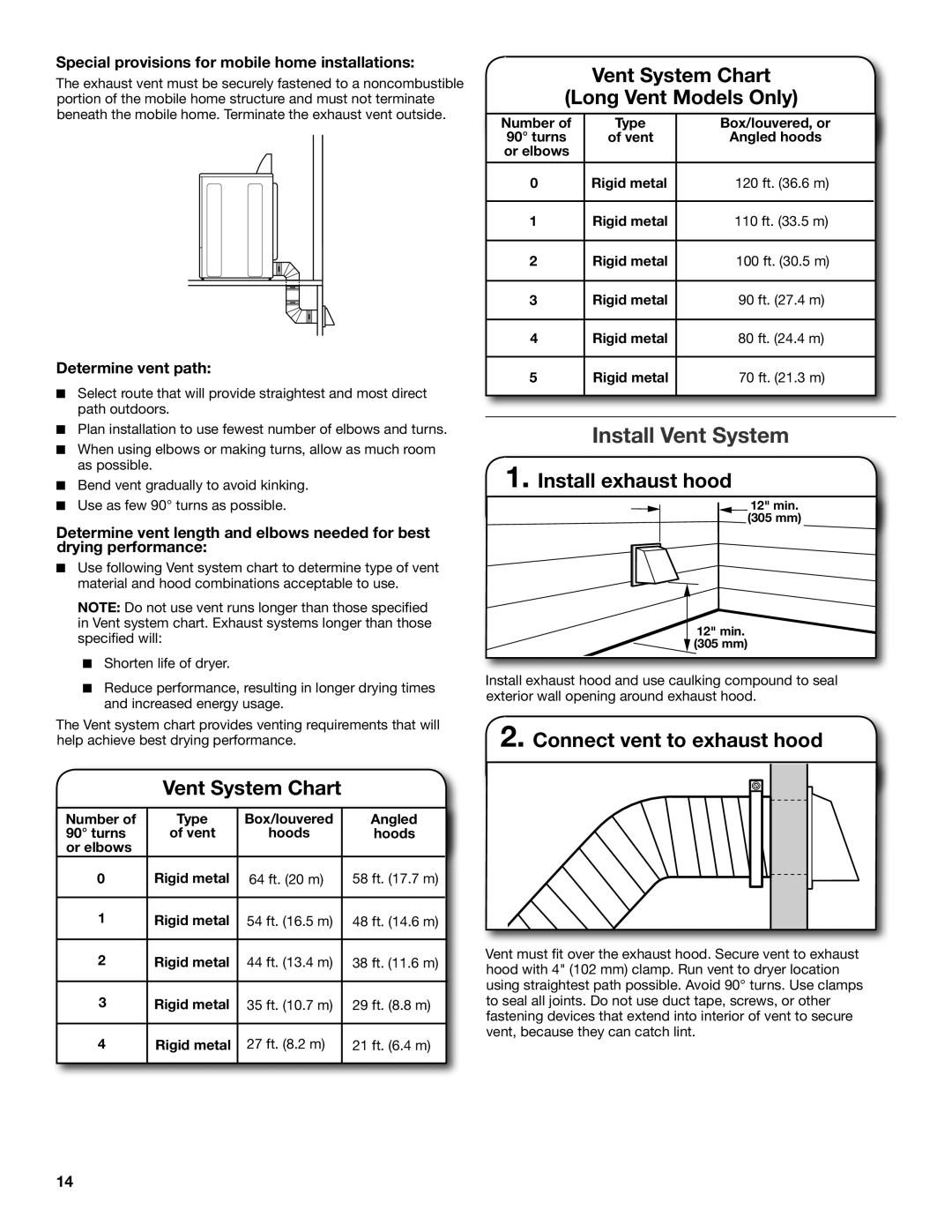 Whirlpool W10096987A, W10097001A-SP Install Vent System, Vent System Chart Long Vent Models Only, Install exhaust hood 