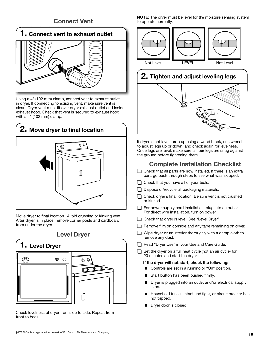 Whirlpool W10097001A-SP, W10096987A installation instructions Connect Vent, Level Dryer, Complete Installation Checklist 