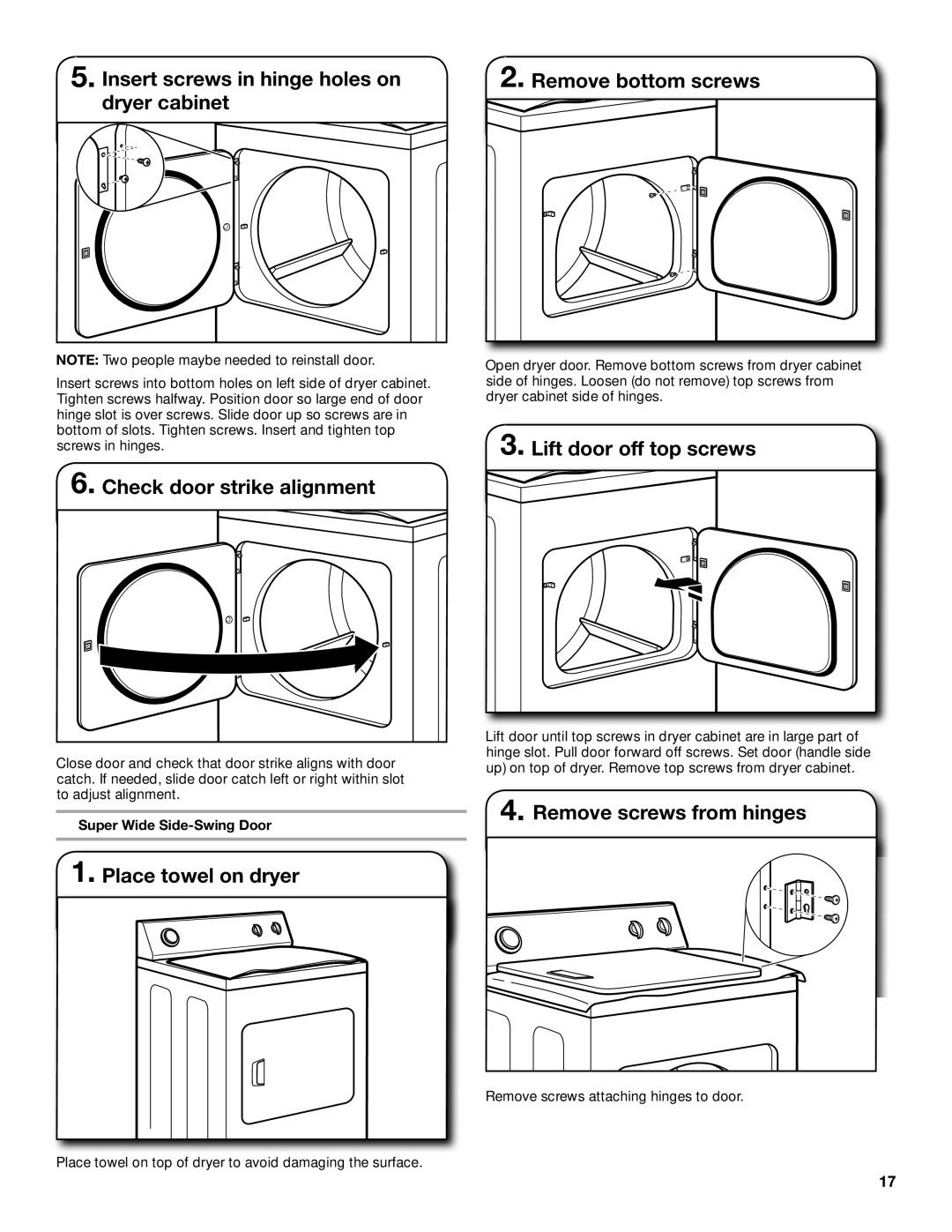 Whirlpool W10097001A-SP, W10096987A Check door strike alignment, Remove screws from hinges, Super Wide Side-Swing Door 