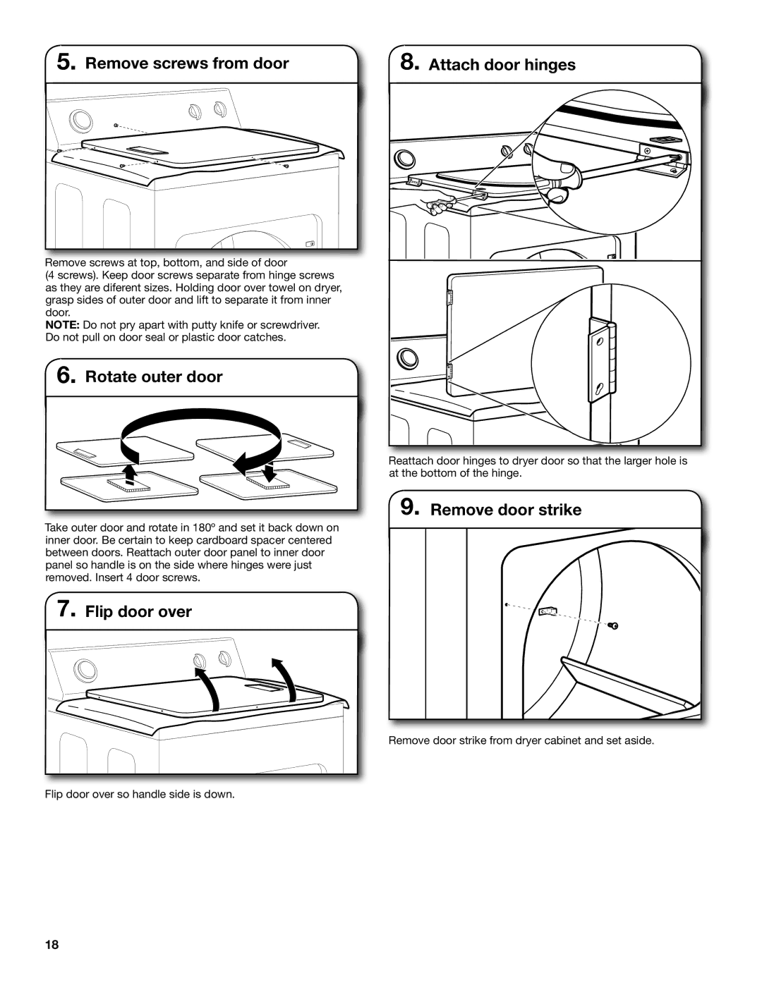 Whirlpool W10096987A Remove screws from door Attach door hinges, Rotate outer door, Remove door strike, Flip door over 