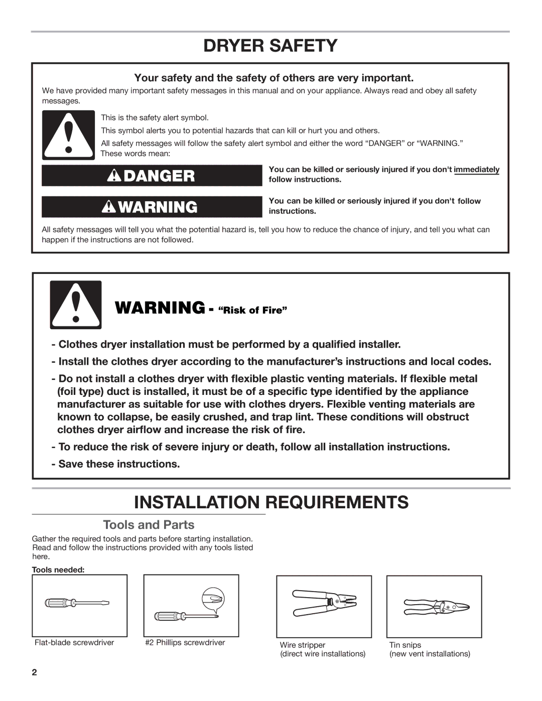 Whirlpool W10096987A, W10097001A-SP installation instructions Tools and Parts, Tools needed 