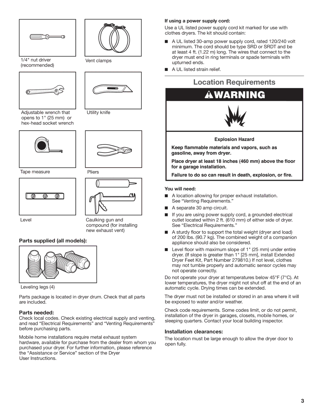 Whirlpool W10097001A-SP Location Requirements, Parts supplied all models, Parts needed, Installation clearances 