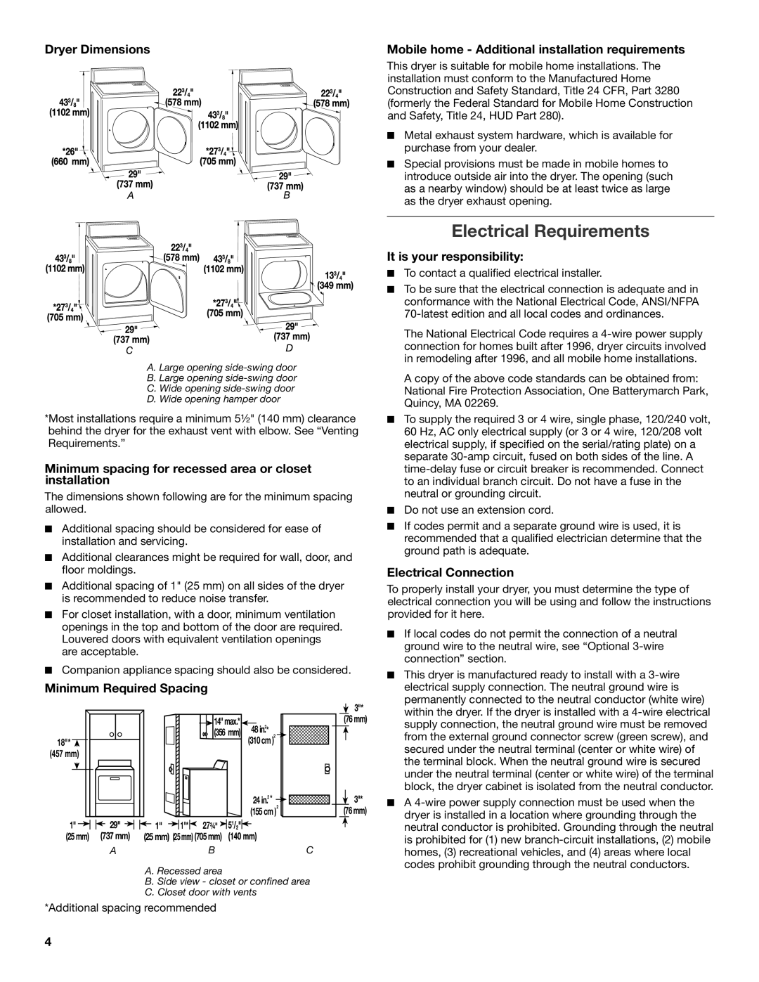 Whirlpool W10096987A, W10097001A-SP Electrical Requirements, Minimum spacing for recessed area or closet installation 