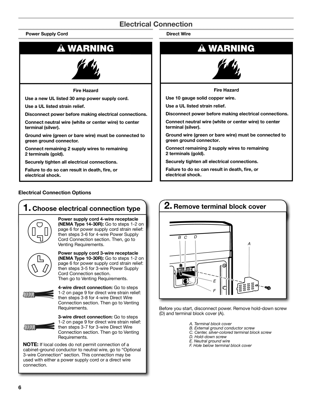 Whirlpool W10096987A, W10097001A-SP Electrical Connection, Choose electrical connection type, Remove terminal block cover 