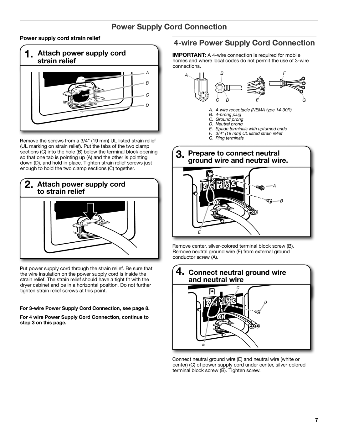 Whirlpool W10097001A-SP, W10096987A installation instructions Wire Power Supply Cord Connection 