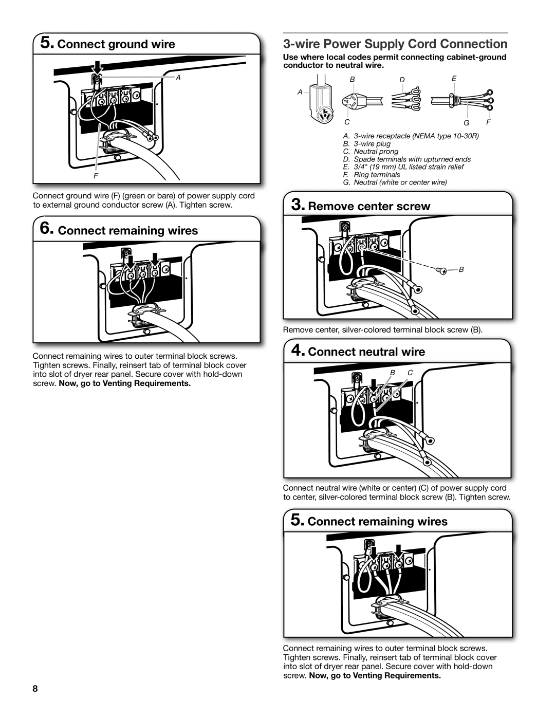 Whirlpool W10096987A Connect ground wire, Connect remaining wires, Remove center screw, Connect neutral wire 