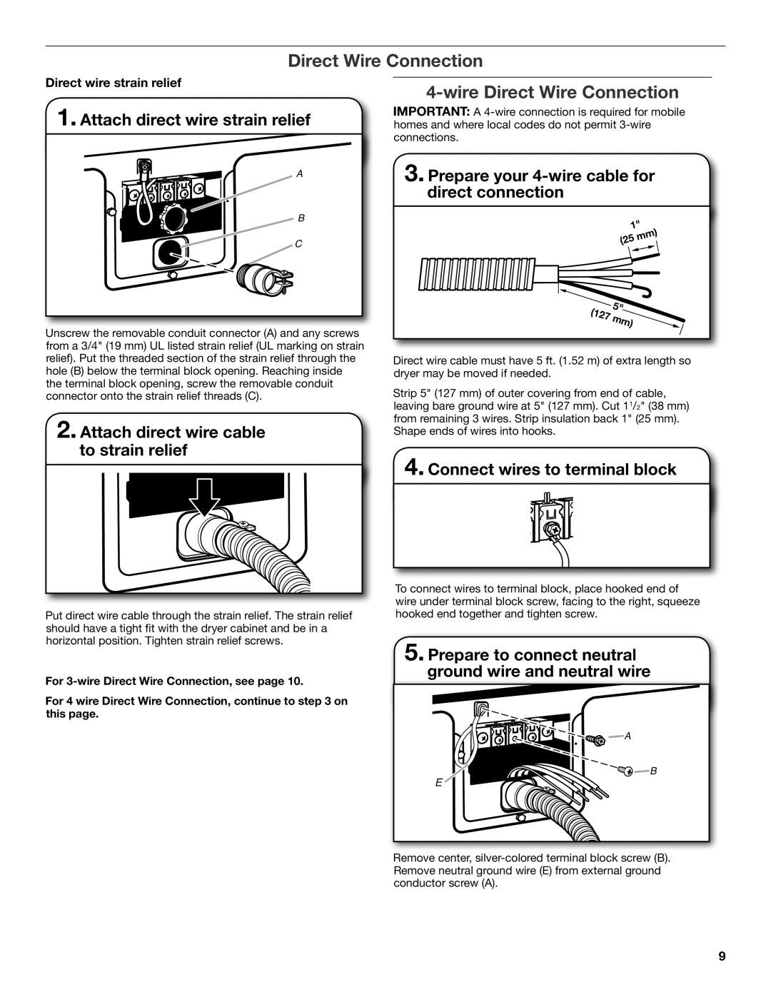 Whirlpool W10097001A-SP, W10096987A installation instructions Wire Direct Wire Connection 