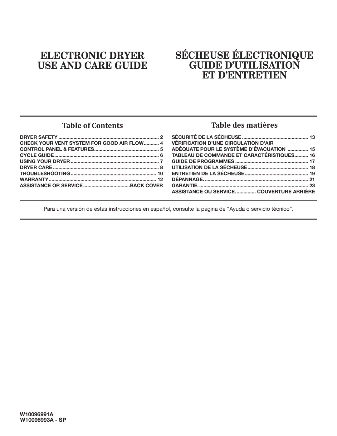 Whirlpool W10096993A - SP, W10096991A warranty Table of Contents Table des matières 