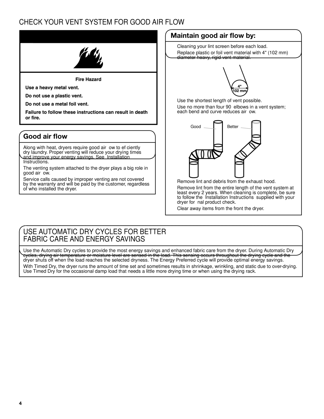 Whirlpool W10096991A, W10096993A - SP Check Your Vent System for Good AIR Flow, Good air flow, Maintain good air flow by 