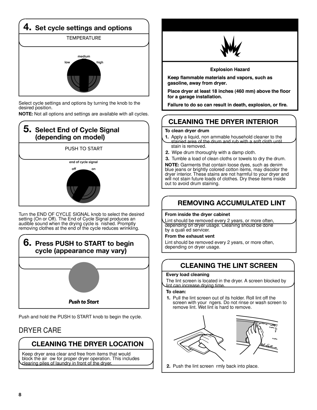 Whirlpool W10096991A Dryer Care, Cleaning the Dryer Location, Cleaning the Dryer Interior, Removing Accumulated Lint 