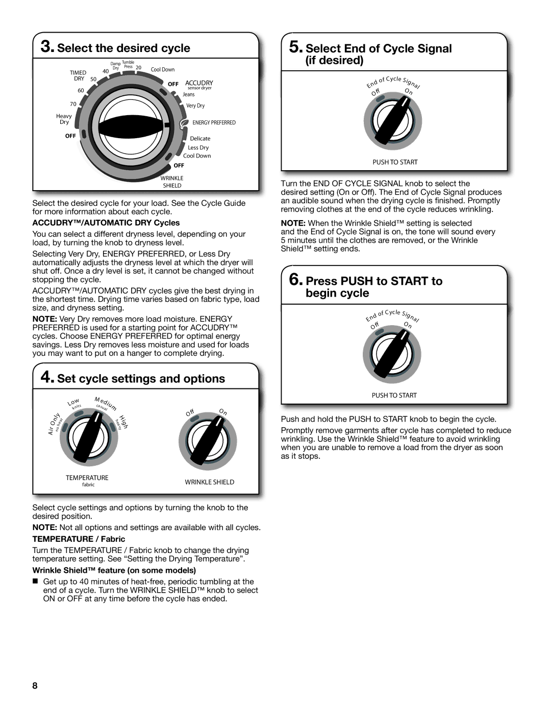 Whirlpool W10097005A SP Select the desired cycle, Set cycle settings and options, Select End of Cycle Signal if desired 