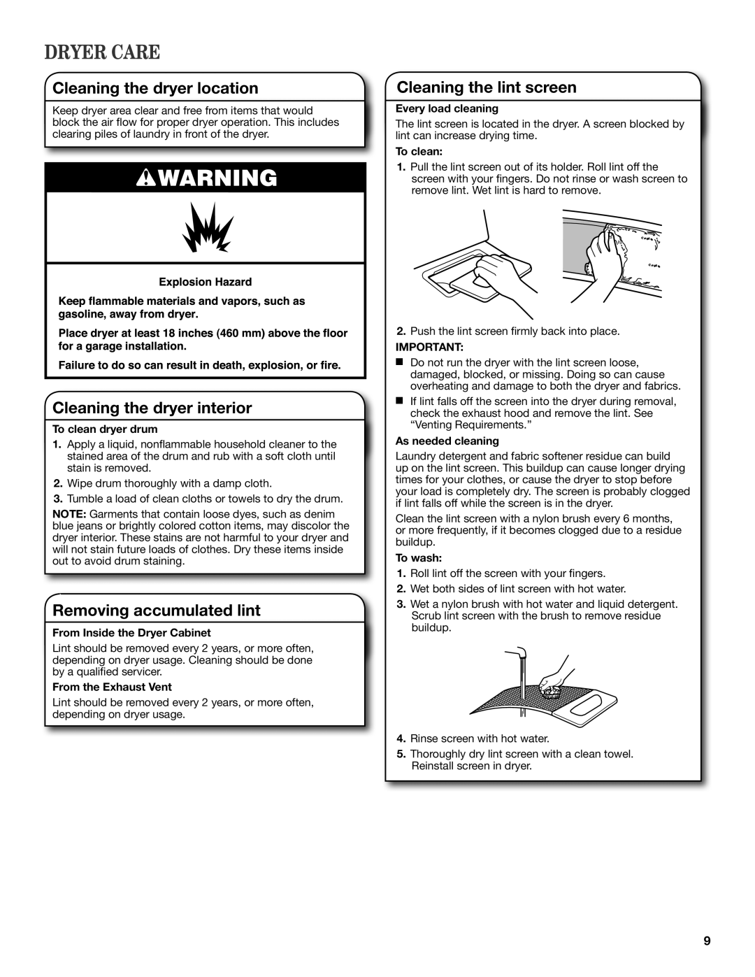 Whirlpool W10096986A Dryer Care, Cleaning the dryer location, Cleaning the dryer interior, Removing accumulated lint 