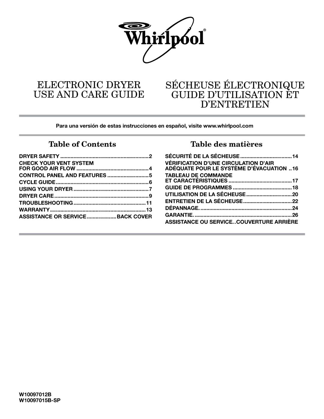 Whirlpool W10097015B SP, W10097012B warranty Table of Contents 