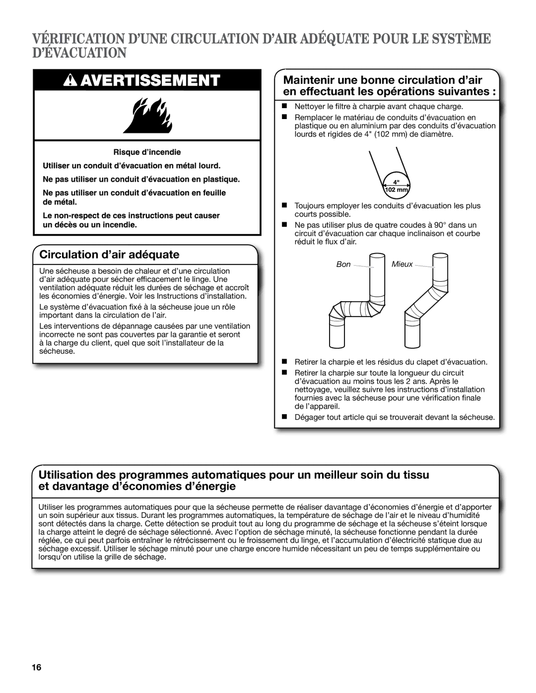 Whirlpool W10097012B, W10097015B SP warranty Circulation d’air adéquate, Nettoyer le filtre à charpie avant chaque charge 