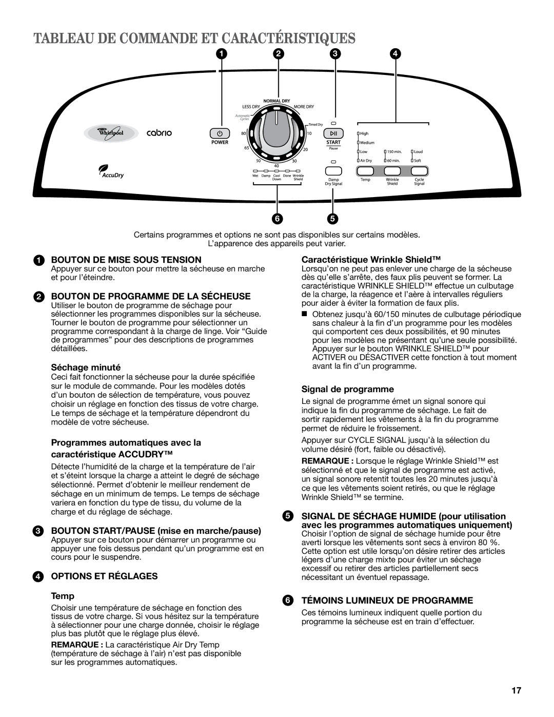 Whirlpool W10097015B SP, W10097012B warranty Tableau DE Commande ET Caractéristiques 