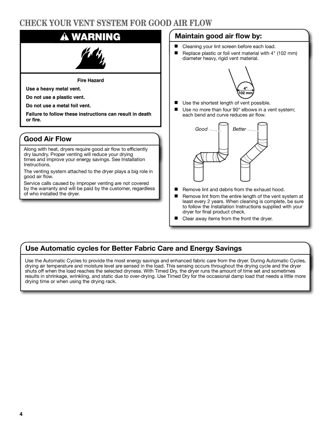 Whirlpool W10097012B, W10097015B SP Check Your Vent System for Good AIR Flow, Good Air Flow, Maintain good air flow by 