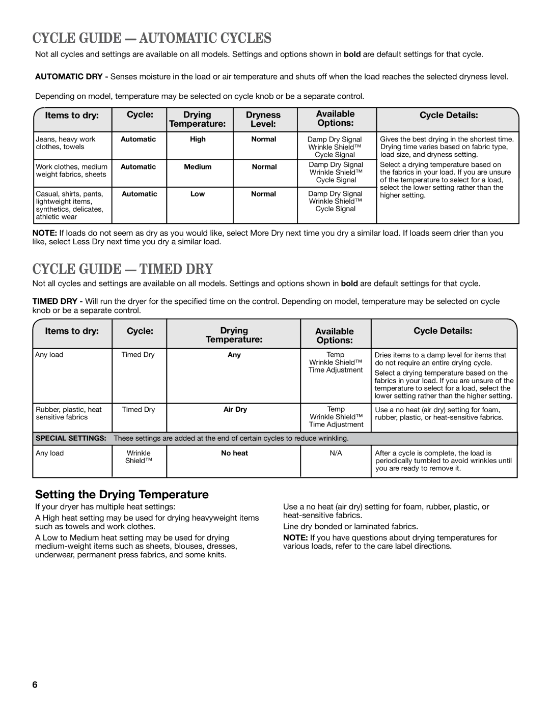 Whirlpool W10097012B, W10097015B SP Cycle Guide Automatic Cycles, Cycle Guide Timed DRY, Setting the Drying Temperature 