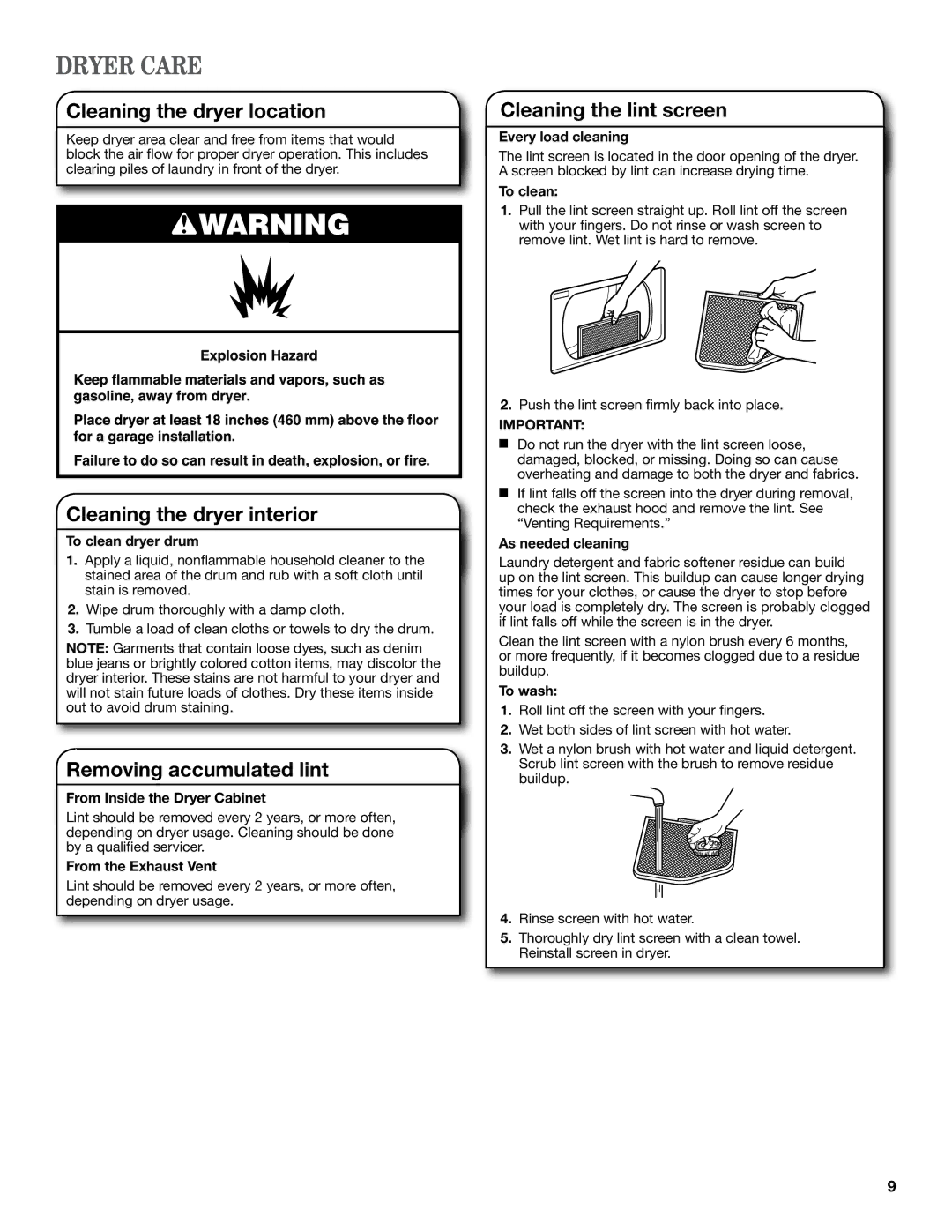 Whirlpool W10097015B SP Dryer Care, Cleaning the dryer location, Cleaning the dryer interior, Removing accumulated lint 