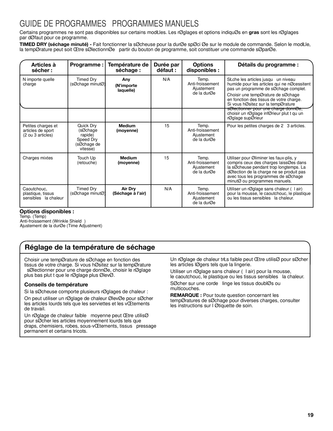 Whirlpool W10097054B-SP, W10097053B warranty Guide DE Programmes Programmes Manuels, Réglage de la température de séchage 